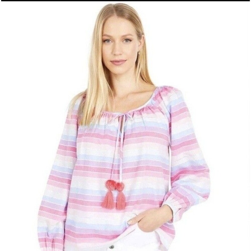 J. Crew Peasant Top Metallic Pastel Stripe Front Tassel Tie Size Small Oversized